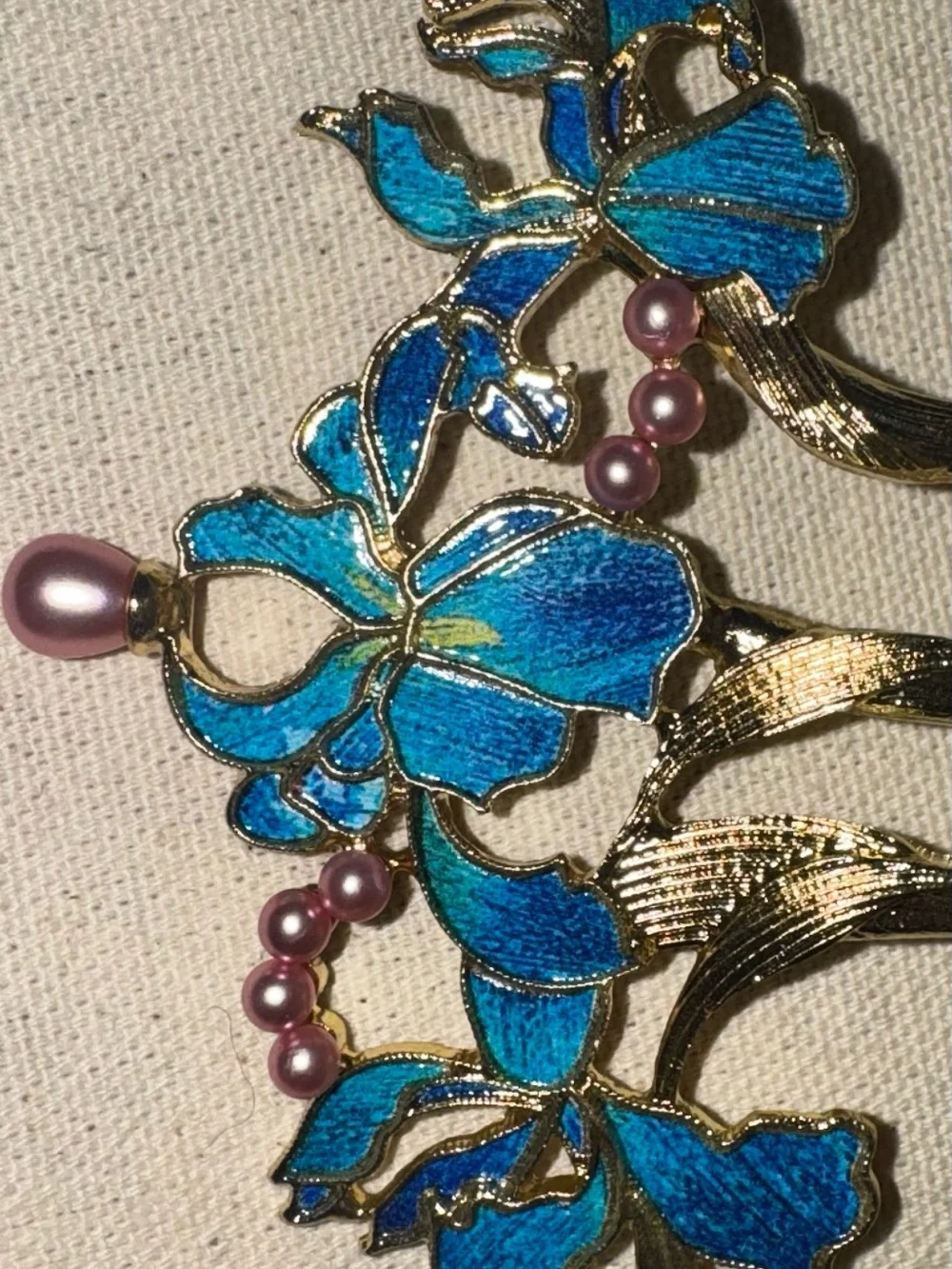 Elegant Blue & Green Enamel & Faux Pink Pearls Floral Gold Tone Metal Hair Fork